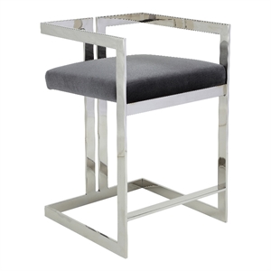 Benjara Suki 26&quot Counter Stool Chair- Gray Velvet- Silver Stainless Steel Frame