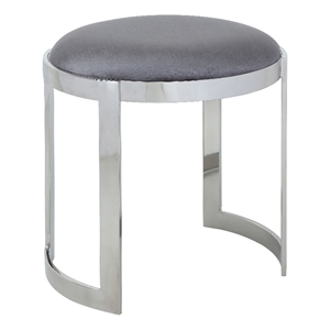 Benjara Niyo 19&quot Accent Stool- Cushioned Gray Velvet Seat- Silver Metal Frame