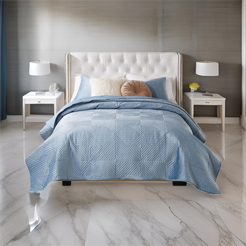 Benjara Ahab 3pc Full to Queen Quilt and Pillow Sham Set- Spa Blue Dutch Velvet