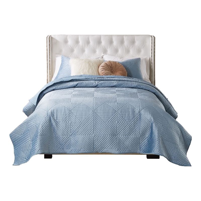 Benjara Ahab 3pc Full to Queen Quilt and Pillow Sham Set- Spa Blue Dutch Velvet