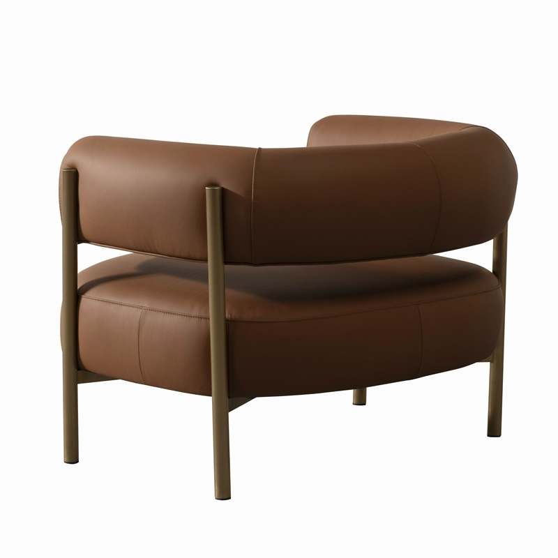 Benjara Cid Ziva Curved Accent Chair-Brown Top Grain Genuine Leather-Metal-Wood