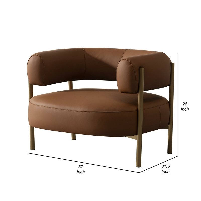 Benjara Cid Ziva Curved Accent Chair-Brown Top Grain Genuine Leather-Metal-Wood