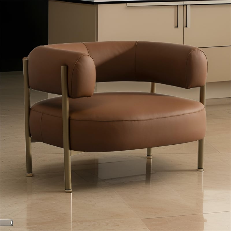 Benjara Cid Ziva Curved Accent Chair-Brown Top Grain Genuine Leather-Metal-Wood