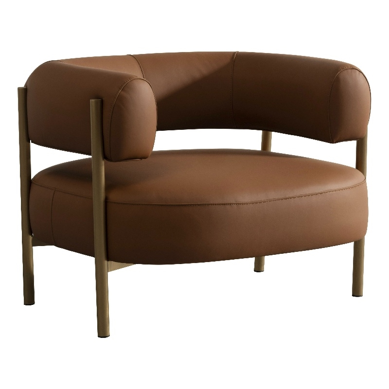 Benjara Cid Ziva Curved Accent Chair-Brown Top Grain Genuine Leather-Metal-Wood