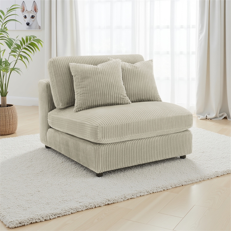 Benjara Lain Modular Armless Sofa Chair with 2 Accent Pillows- Beige Corduroy