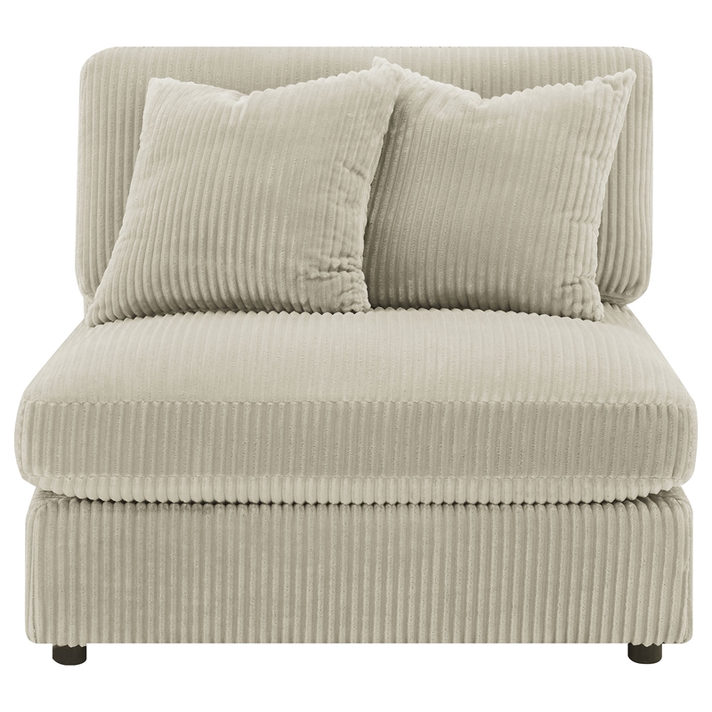 Benjara Lain Modular Armless Sofa Chair with 2 Accent Pillows- Beige Corduroy