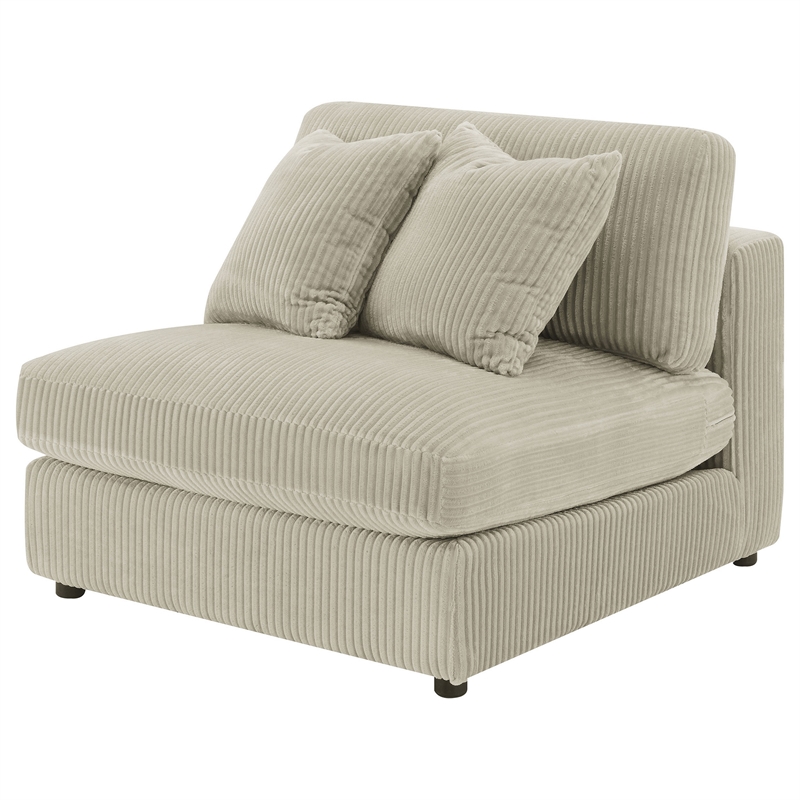 Benjara Lain Modular Armless Sofa Chair with 2 Accent Pillows- Beige Corduroy