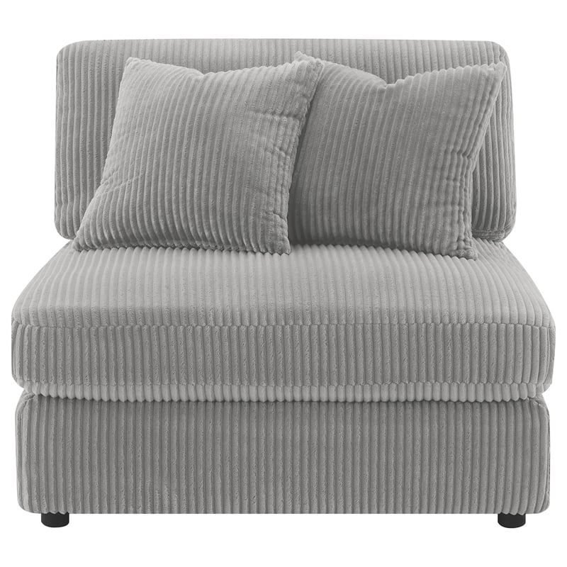 Benjara Lain Modular Armless Sofa Chair with 2 Accent Pillows- Gray Corduroy