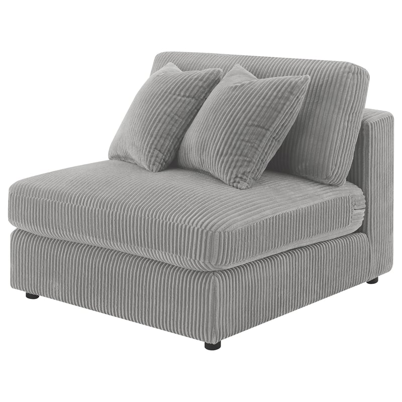 Benjara Lain Modular Armless Sofa Chair with 2 Accent Pillows- Gray Corduroy