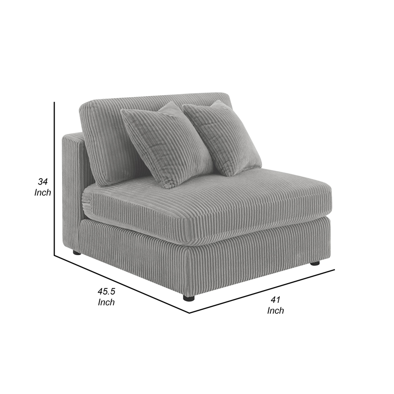 Benjara Lain Modular Armless Sofa Chair with 2 Accent Pillows- Gray Corduroy
