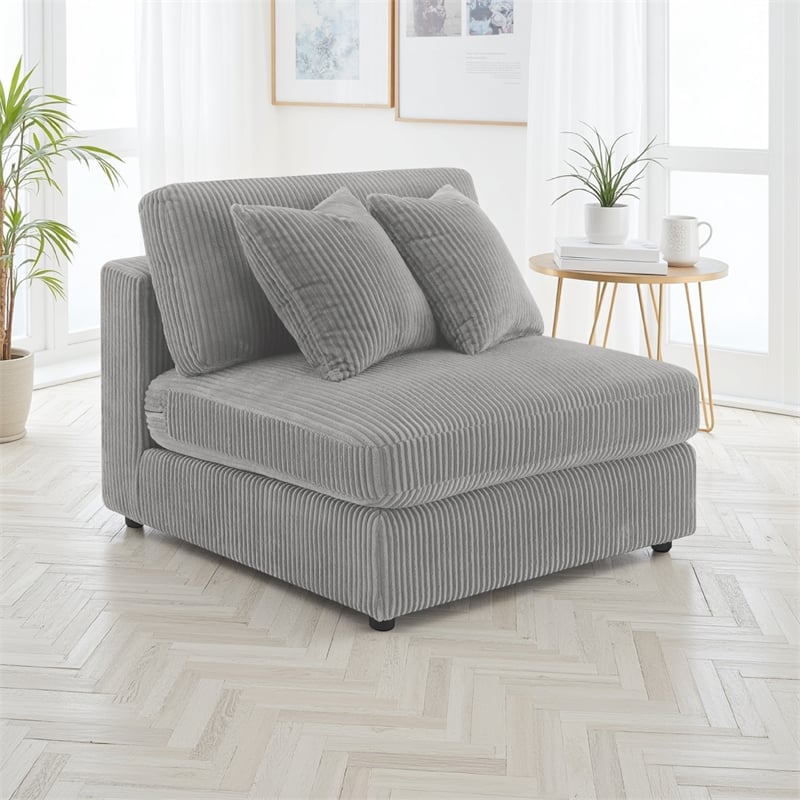 Benjara Lain Modular Armless Sofa Chair with 2 Accent Pillows- Gray Corduroy