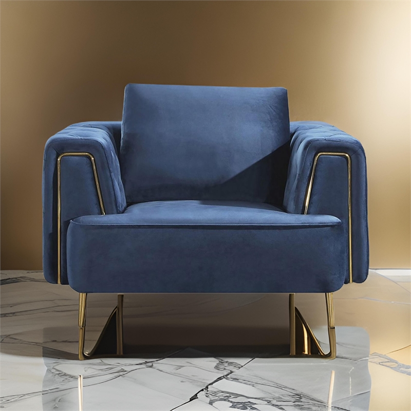 Benjara Azia Accent Chair-Blue Velvet-Tufted Arms-Gold Accents-1 Throw Pillow