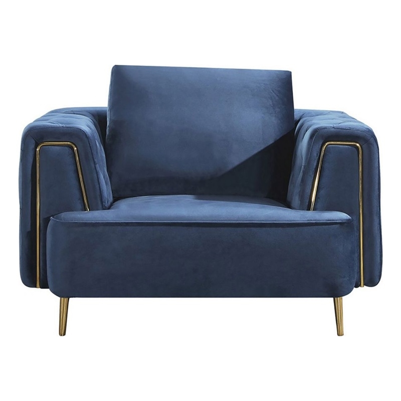 Benjara Azia Accent Chair-Blue Velvet-Tufted Arms-Gold Accents-1 Throw Pillow