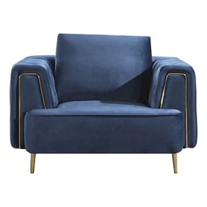 Benjara Azia Accent Chair-Blue Velvet-Tufted Arms-Gold Accents-1 Throw Pillow