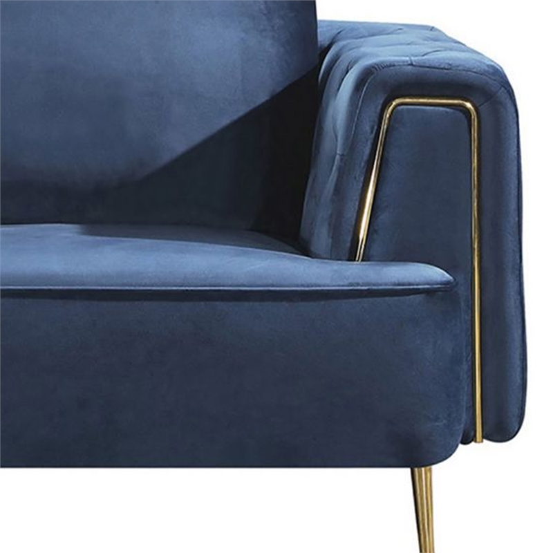 Benjara Azia Accent Chair-Blue Velvet-Tufted Arms-Gold Accents-1 Throw Pillow