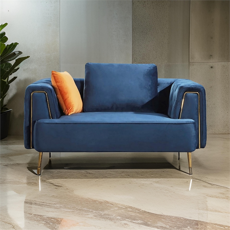 Benjara Azia Loveseat- Blue Velvet- Tufted Arms- Golden Accents- Legs 64 Inch