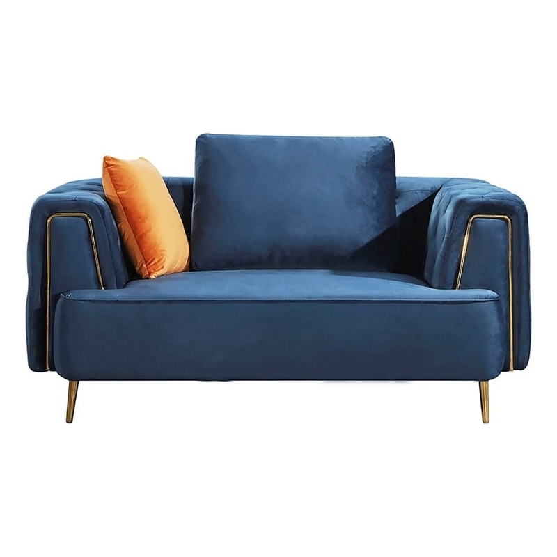 Benjara Azia Loveseat- Blue Velvet- Tufted Arms- Golden Accents- Legs 64 Inch