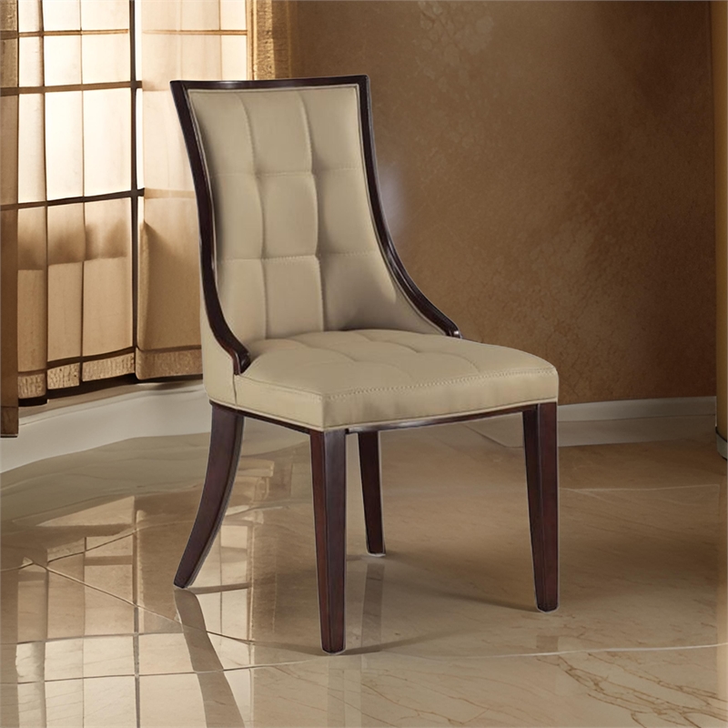 Benjara Glen Dining Chair - Tufted Tan Faux Leather- Brown Wood (Set of 2)