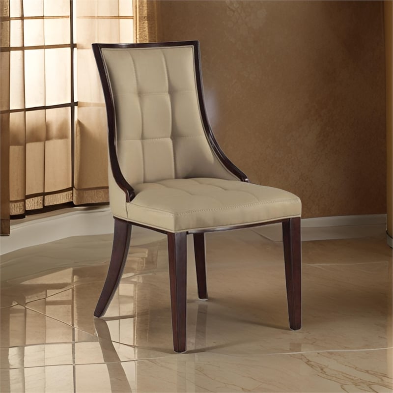 Benjara Glen Dining Chair - Tufted Tan Faux Leather- Brown Wood (Set of 2)
