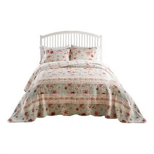 Benjara Rosle 3pc Queen Bedspread Set-2 Shams-Reversible Rose Print-Blue Cotton