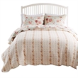Benjara Rosle 3pc Full/Queen Size Bedspread Set-2 Shams-Rose Print-Blue Cotton