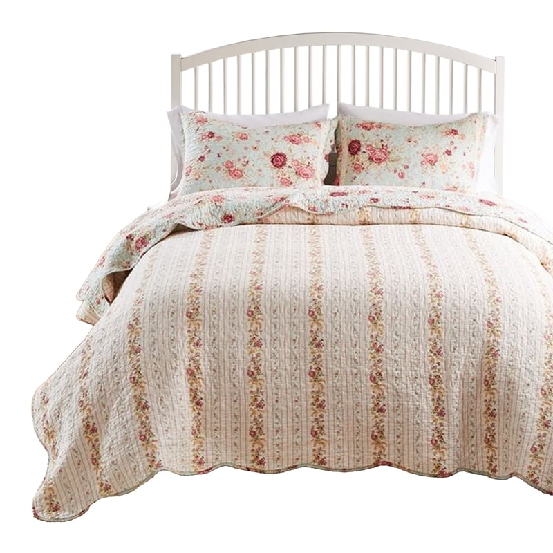 Benjara Rosle 3pc King Size Bedspread Set- 2 Shams- Rose Print- Soft Blue Cotton