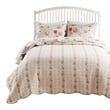 Benjara Rosle 3pc King Size Bedspread Set- 2 Shams- Rose Print- Soft Blue Cotton