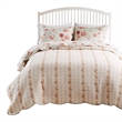 Benjara Rosle 3pc King Size Bedspread Set- 2 Shams- Rose Print- Soft Blue Cotton