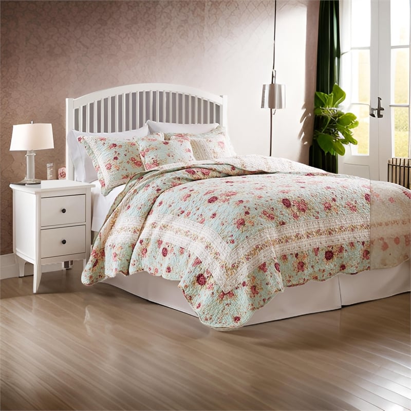 Benjara Rosle 5pc Full/Queen Quilt Set-Shams-Patchwork Floral Print-Blue Cotton