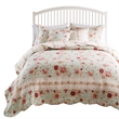 Benjara Rosle 5pc Full/Queen Quilt Set-Shams-Patchwork Floral Print-Blue Cotton
