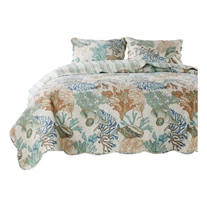 Benjara Wade 3pc Full/Queen Quilt Set with Sham- Jade Blue Coastal Microfiber