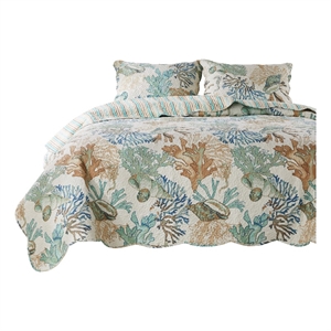 Benjara Wade 3pc King Size Quilt Set- Sham- Jade Blue Coastal Microfiber Cotton