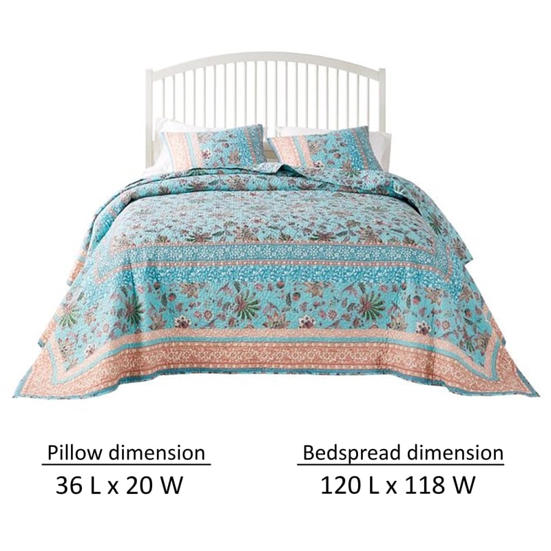 Benjara Dill 3pc King Bedspread Set- Turquoise Green Floral Microfiber Cotton