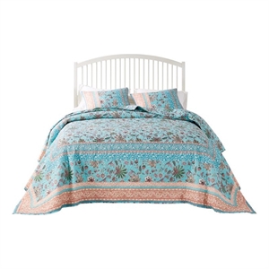 Benjara Dill 3pc King Bedspread Set- Turquoise Green Floral Microfiber Cotton