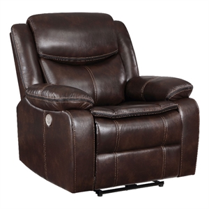 Benjara Susan Power Recliner- Dark Brown Faux Leather- USB Port- Pillow Top Arms