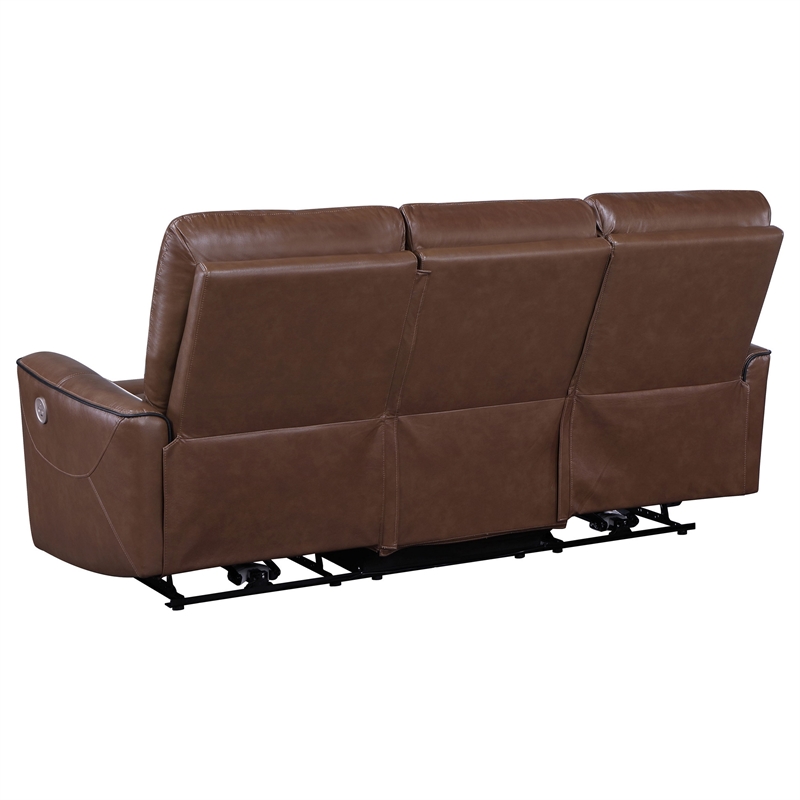 Benjara Lima Power Recliner Sofa- Brown Faux Leather- USB Port- Cushions- 83