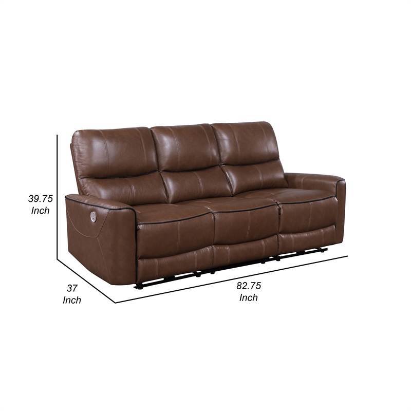 Benjara Lima Power Recliner Sofa- Brown Faux Leather- USB Port- Cushions- 83