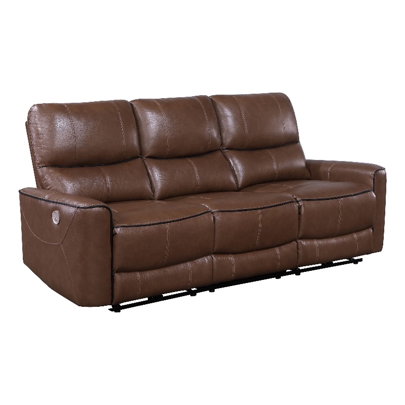 Benjara Lima Power Recliner Sofa- Brown Faux Leather- USB Port- Cushions- 83