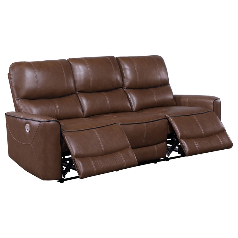 Benjara Lima Power Recliner Sofa- Brown Faux Leather- USB Port- Cushions- 83