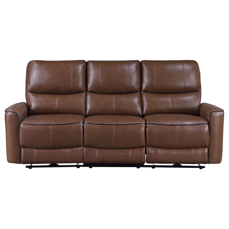 Benjara Lima Power Recliner Sofa- Brown Faux Leather- USB Port- Cushions- 83