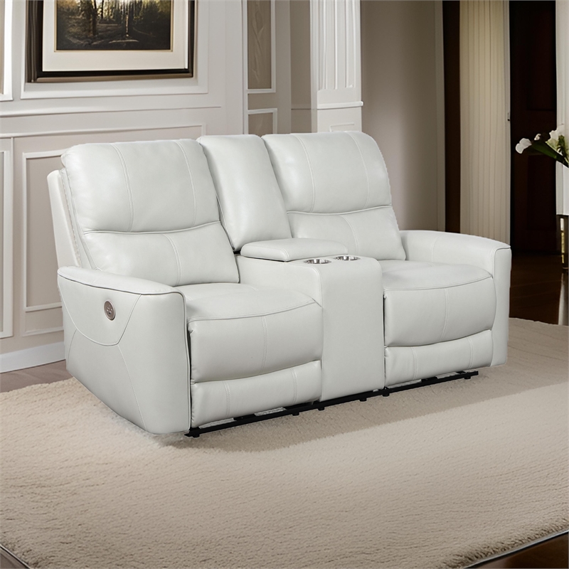 Benjara Lima Power Recliner Loveseat- Ivory Faux Leather- USB Port- Foam- 72