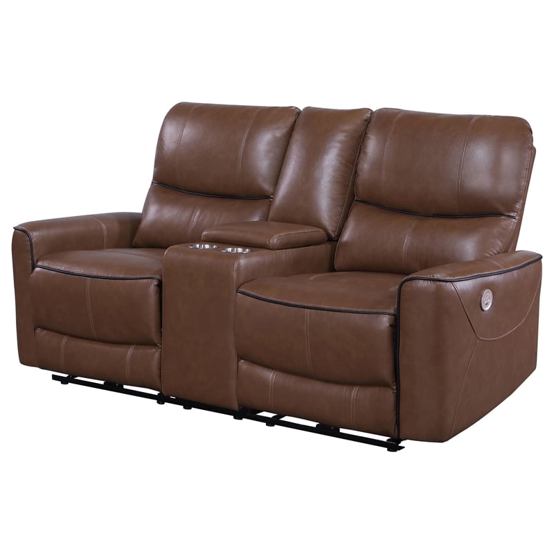 Benjara Lima Power Recliner Loveseat- Brown Faux Leather- USB Port- Foam- 72