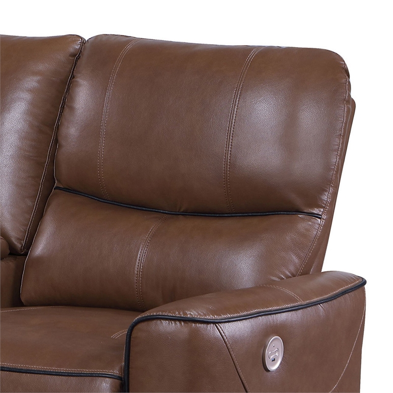 Benjara Lima Power Recliner Loveseat- Brown Faux Leather- USB Port- Foam- 72