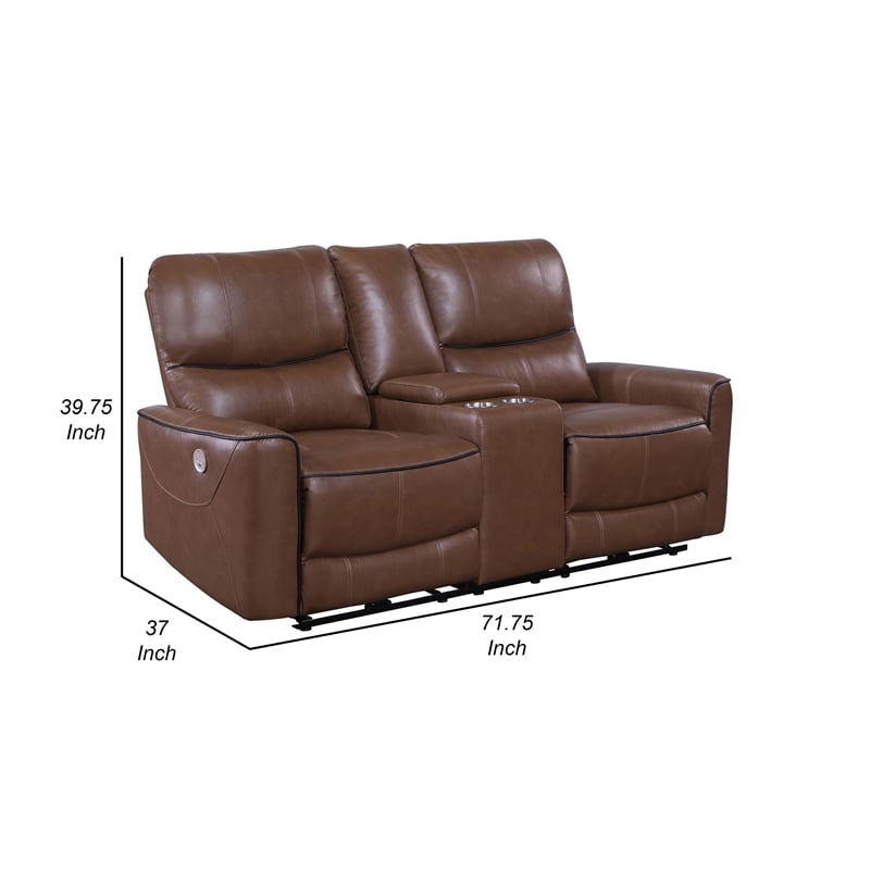 Benjara Lima Power Recliner Loveseat- Brown Faux Leather- USB Port- Foam- 72