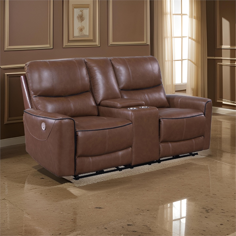 Benjara Lima Power Recliner Loveseat- Brown Faux Leather- USB Port- Foam- 72