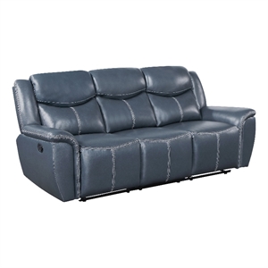 Benjara Eleni Manual Recliner Sofa- Drop Down Table- Blue Faux Leather- 88 Inch