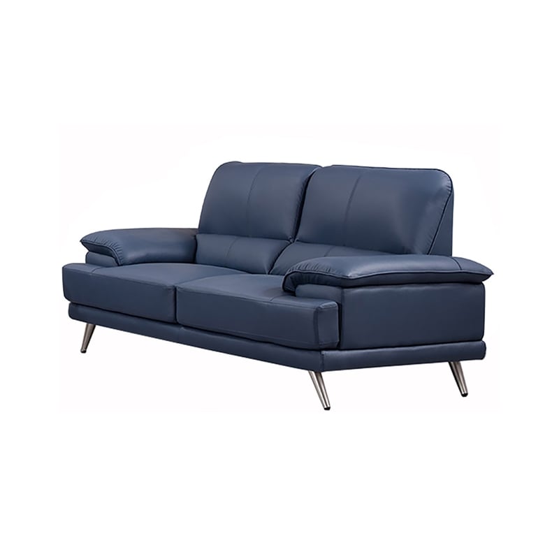 Benjara Justin Loveseat- Navy Blue Top Grain Leather- Stainless Steel Legs- 68