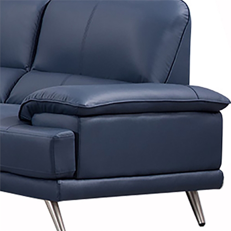 Benjara Justin Loveseat- Navy Blue Top Grain Leather- Stainless Steel Legs- 68