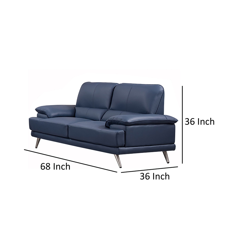 Benjara Justin Loveseat- Navy Blue Top Grain Leather- Stainless Steel Legs- 68