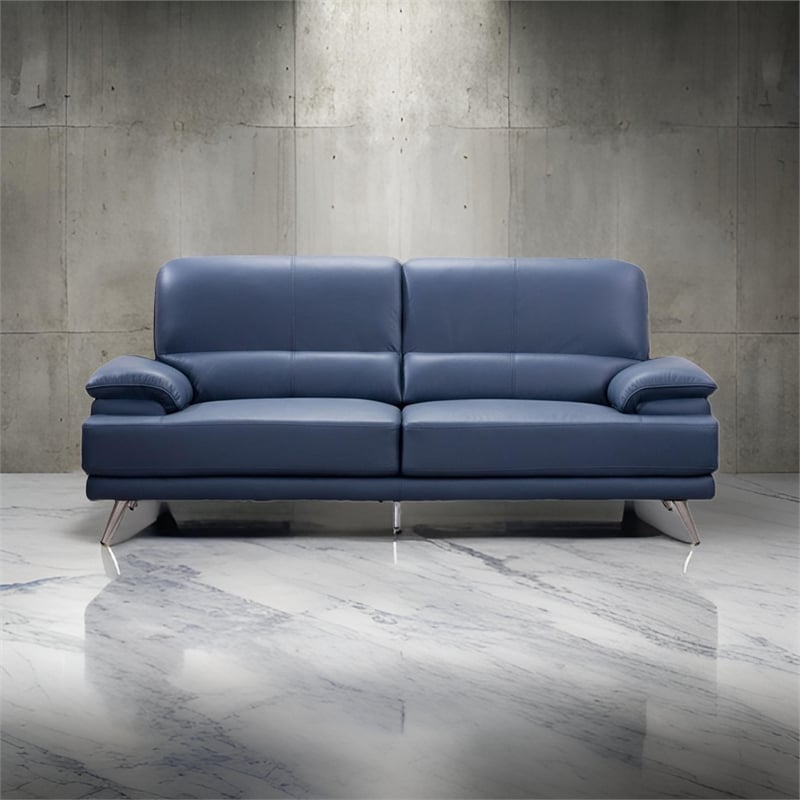 Benjara Justin Loveseat- Navy Blue Top Grain Leather- Stainless Steel Legs- 68